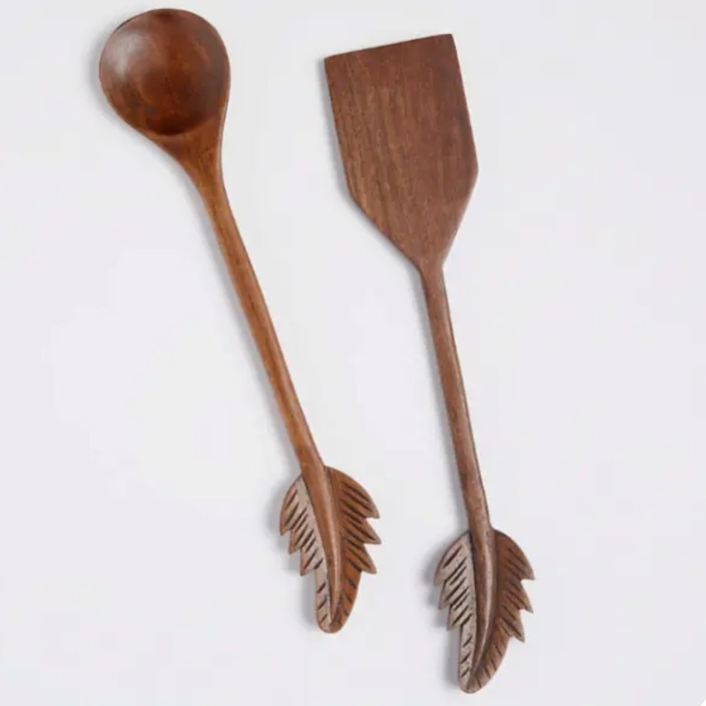 Crate and Barrel Acacia Carved Feather Wood Serving Utensils